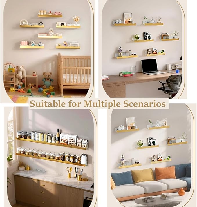 Acrylic Wall Shelf Organizers 15 Inch Floating Shelf for Wall Decor Bookshelf for Kids Modern Mirror Gold Wall Mount Shelf for Living Room, Bedroom, Bathroom (6, Gold Mirror)