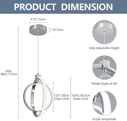 Modern LED Chandelier Chrome Ring Pendant Light Fixtures 4000K Dimmable Height Adjustable Pendant Lighting for Dining Room Kitchen Island Bedroom Living Room Foyer（2-Pack）…