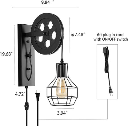 Plug in Wall Sconce Rustic Wall Light Lift Pulley Matte Iron Cage Shade Metal Black Industrial Mid Century Wall Lamp Indoor Lighting Barn Restaurant