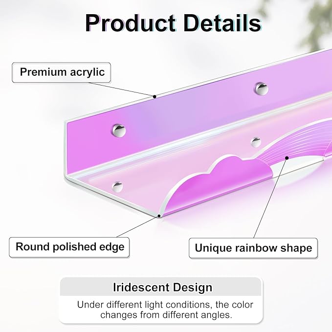 Iridescent Rainbow Acrylic Floating Shelves,15in Kids Wall Mounted Nursery Bookshelves, Display Ledge for Books Toys Cosmetic, Bathroom Bedroom Living Room Wall Decor and Storage, 4 Pack