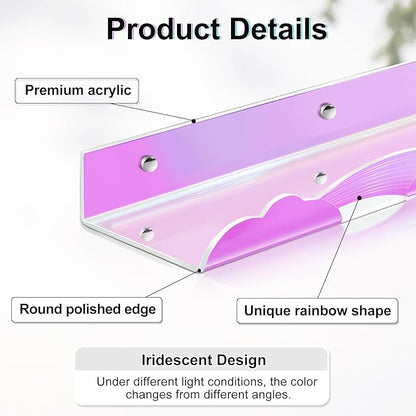 Iridescent Rainbow Acrylic Floating Shelves,15in Kids Wall Mounted Nursery Bookshelves, Display Ledge for Books Toys Cosmetic, Bathroom Bedroom Living Room Wall Decor and Storage, 2 Pack
