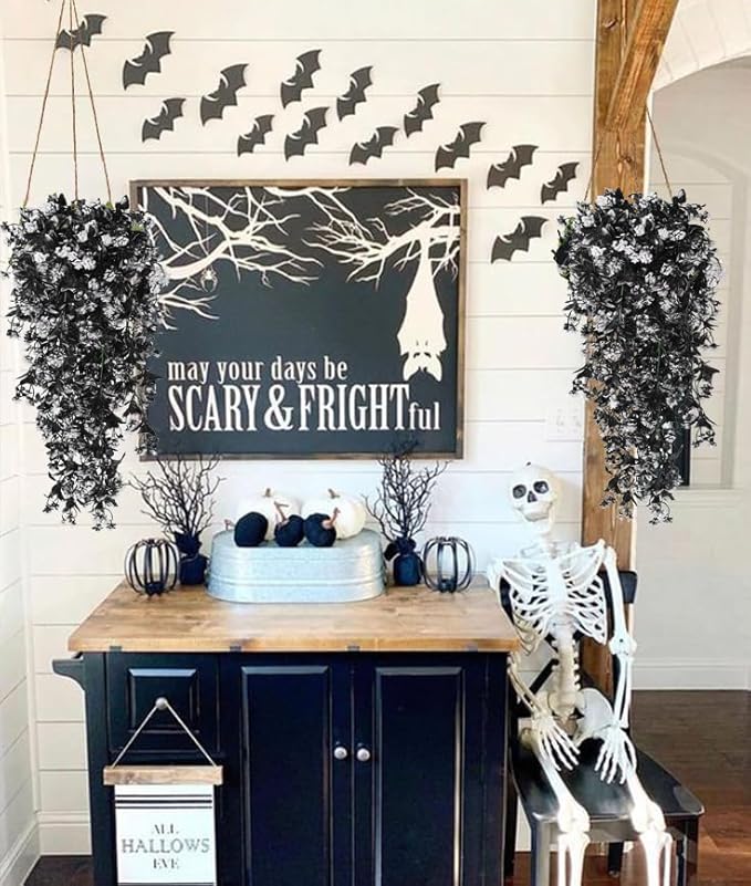 RECUTMS Realistic Artificial Black Hanging Plants Pack of 2 Faux Black Hanging Plant Outdoor Indoor with Lights LED Fairy String Rose Fake Hanging Flwers Decor for Office House (Black and White)