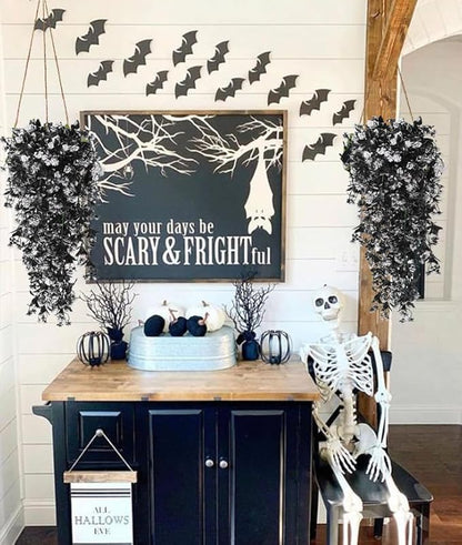 RECUTMS Realistic Artificial Black Hanging Plants Pack of 2 Faux Black Hanging Plant Outdoor Indoor with Lights LED Fairy String Rose Fake Hanging Flwers Decor for Office House (Black and White)