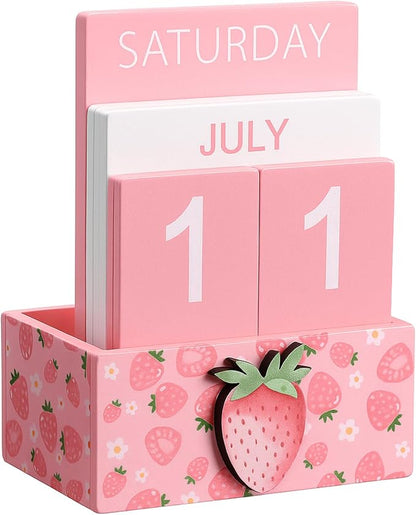 Pink Strawberry Wood Block Perpetual Calendar Coquettish Desk Decor Cute Month Week Date Display Decorative Block Calendar for Women Office Home Desk Gift for Women