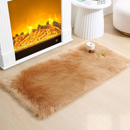 Fluffy Faux Fur Rug Brown Sheepskin Area Rug,2x4 Ft Ultra Soft Shaggy Plush Rug for Bedroom Bedside Living Room Nursery Kids Room