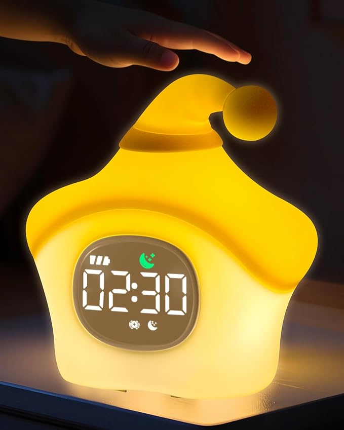 Star Alarm Clock with Night Light for Kids with Sleep Training and Sound Machine, Rechargeable Silicone Lamp OK to Wake Clock，Cute Animal Tabletop Lamp, Perfect Sleep Companion for Boys Girls, Yellow