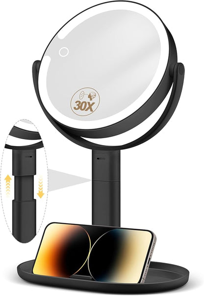 Makeup Mirror with Lights, 30X Magnifying & Height Adjustable, Lighted Magnifying Mirror with 3 Light Modes and Stepless Dimming, Vanity Mirrors for Bathroom, Birthday Gift for Women, Black