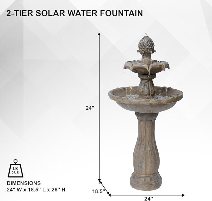 XBrand 44" H Fiberglass/Resin 2-Tier Outdoor Water Fountain with Solar Panel & Auto-Shut Off Pump, Tall Garden Birdbath Fountain