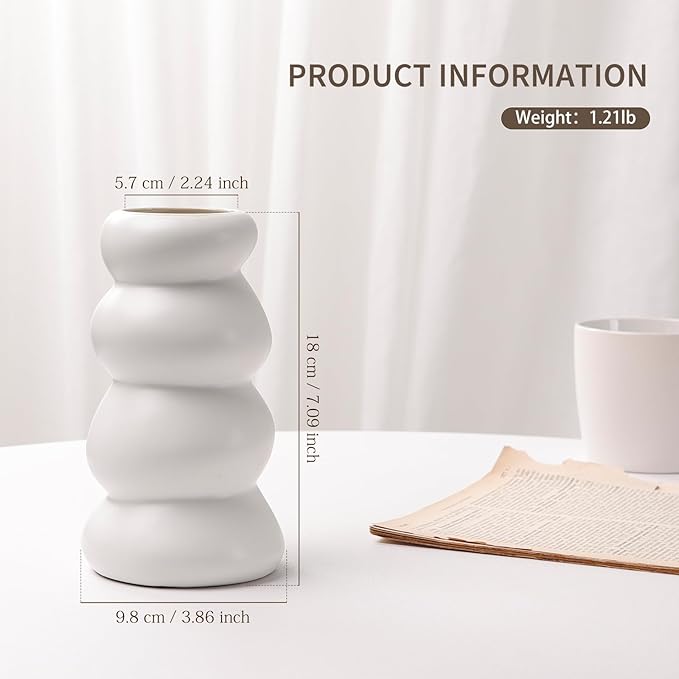 BosilunLife Ceramic Vase with Stacked Bubble Design – Boho Modern Sculptural Flower Vase for Home Decor, Shelf or Table Centerpiece (White)