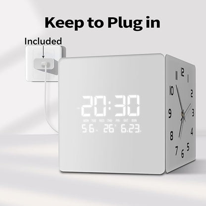 Electric Digital Corner Wall Clock Large Display Temperature 12/24H White Smart Clocks Silent Analog Battery Operated Square Modern Clock with Night Light for Living Room Kitchen Decor 12 Inch