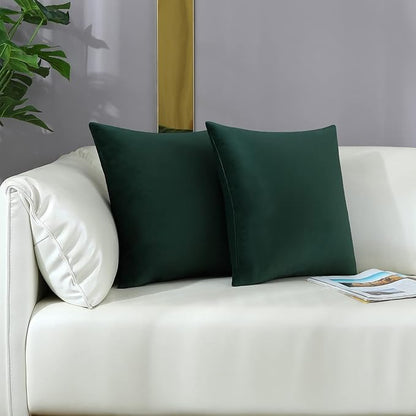 mixeoo Comfy Dark Green Throw Pillow Covers Christmas Decorative Square Solid Thick Velvet Super Soft Cushion Cases Home Decor for Sofa Couch Living Room Chair, Set of 2, 20 x 20 Inch