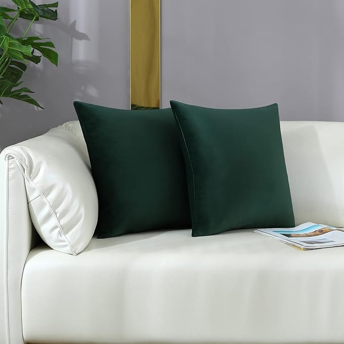 mixeoo Comfy Dark Green Throw Pillow Covers Christmas Decorative Kids's Square Solid Velvet Super Soft Cushion Cases for Sofa Couch Home Living Room Chair Decor, Set of 2, 14 x 14 Inch