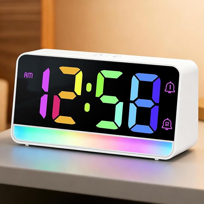 MASHI Loud Alarm Clock for Heavy Sleepers,Digital Clock with 12 Color NightLight,Adjustable Volume,Dynamic RGB Color, Snooze, DST Bedrooms Bedside,ok to Wake for Kids,Teens