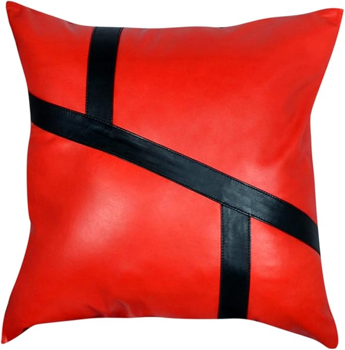 Lambskin Leather Pillow Cover - Sofa Cushion Case - Decorative Throw Covers for Living Room & Bedroom, 14x14 Inches - 03 Red Pack of 2