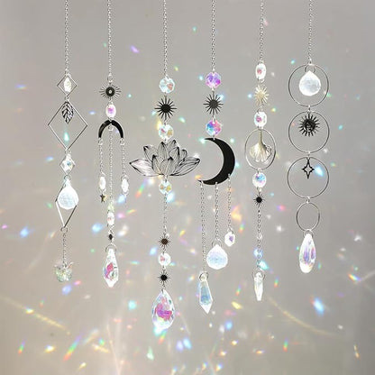 Sun Catchers, 6 Pieces Colorful Suncatchers Decorative Hanging Clear Crystal Prism Rainbow with Silver Moon Sun Metal Forms Suncatcher Kit for Window Indoor Outdoor Car Mirror Decor Xmas Gift