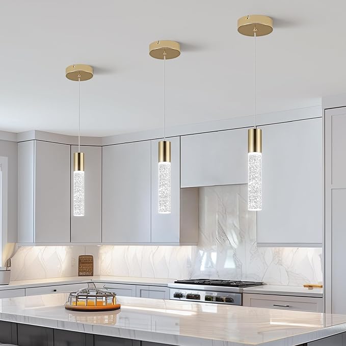 OKELI Modern Pendant Light,3 Color LED Bubble Crystal Island Light Fixtures,Gold Mini 3CCT Pendant Lighting for Kitchen Island,Bar,6W,3000-6000K,ETL