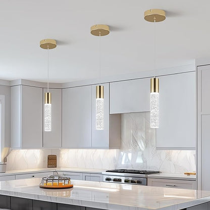 OKELI Modern Pendant Light,3 Color LED Bubble Crystal Island Light Fixtures,Gold Mini 3CCT Pendant Lighting for Kitchen Island,Bar,6W,3000-6000K,ETL(3 Pack