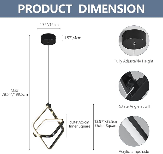 Modern LED Pendant Lights Plated Black Rectangular Pendant Light Fixtures 4000K 20W Dimmable Pendant Lighting for Dining Room Kitchen Island Bedroom Living Room Foyer（2-Pack）