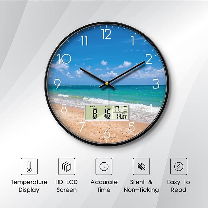 Modern Wall Clocks with Calendar and Date Ocean Wave Sea Beach Digital Clock Large Display Non-ticking Kitchen Silent Clock With Day and Temperature for Elderly Farmhouse Living Room Bathroom 12 Inch