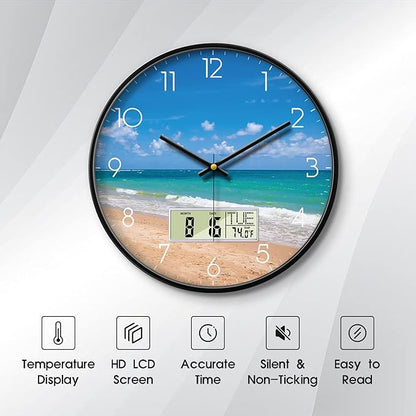 Modern Wall Clocks with Calendar and Date Ocean Wave Sea Beach Digital Clock Large Display Non-ticking Kitchen Silent Clock With Day and Temperature for Elderly Farmhouse Living Room Bathroom 12 Inch