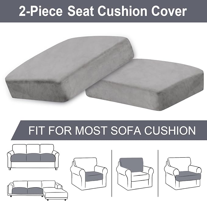 Couch Cushion Cover Velvet 2 Pieces Seat Cushion Cover Stretch LoveSeat Couch Covers Separate Sectional Sofa Slipcovers Furniture Protector (2-Seater or Backrest, Light Grey)
