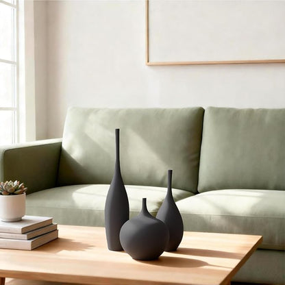 Black Ceramic Vase Modern Boho Wabi-Sabi Flower Vase Set of 3 Decorative Aesthetic Vases for Centerpieces Matte Minimalist Vases for Living Room Table Shelf Home Decor Gift