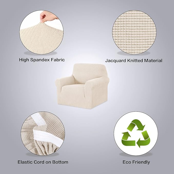 H.VERSAILTEX Stretch Chair Slipcover 1-Piece Armchair Couch Cover Furniture Protector Fit Chair Width 30-40 Inches Jacquard Small Checked with Elastic Bottom for Kids(Armchair, Natural)