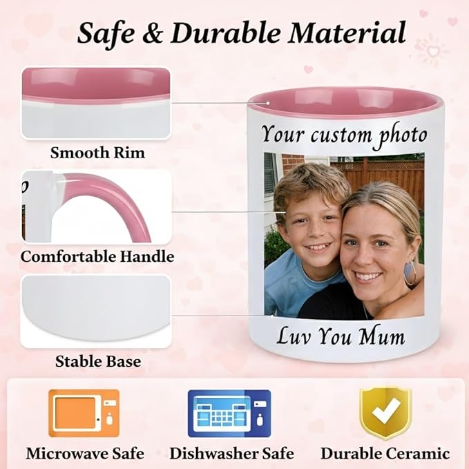 Personry Mothers Day Gifts Personalized Mug, Custom Coffee Cup with Pictures Words Logo, Elegant Ceramic Coffee Mugs for Mom, Best Gifts for Mom Birthday, New Mom Gifts 11oz（Pink）