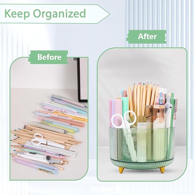 SKYDUE Rotating Pencil Pen Holder, Pen Organizer with 5 Slots - Aesthetic Desk Organizer and Accessories for School, Home, Office Supplies, Clear Green