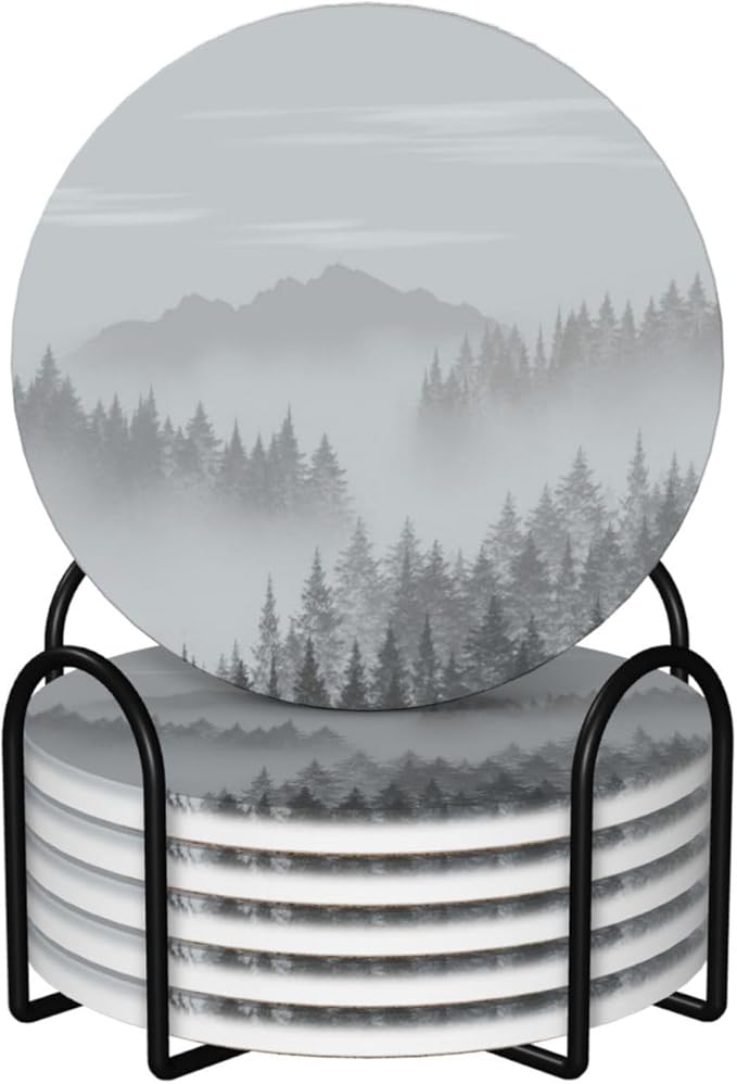 6 Pcs Ceramic Coasters with Holder Absorbent Drink Round Mountains Forest Fog Design for Home Table Coffee Cup Wine Beer Bar,Size 4.4 inches