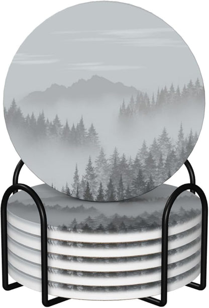 6 Pcs Ceramic Coasters with Holder Absorbent Drink Round Mountains Forest Fog Design for Home Table Coffee Cup Wine Beer Bar,Size 4.4 inches