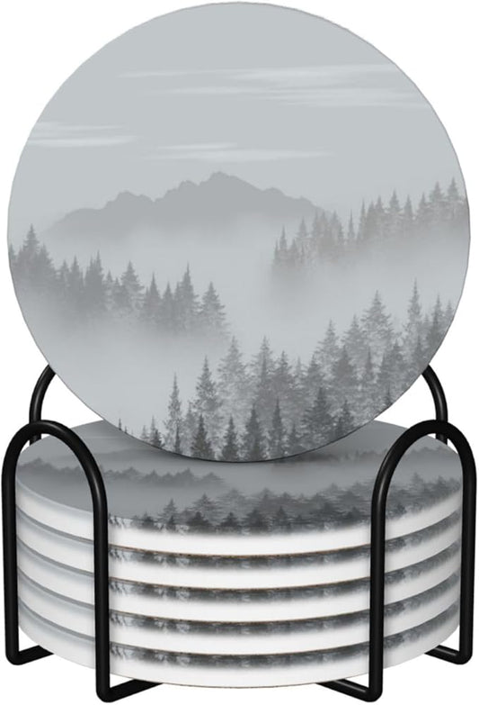 6 Pcs Ceramic Coasters with Holder Absorbent Drink Round Mountains Forest Fog Design for Home Table Coffee Cup Wine Beer Bar,Size 4.4 inches