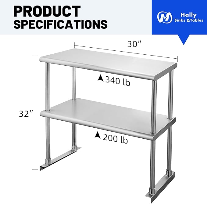 Hally Double Overshelf of Stainless Steel 12'' x 30'' Weight Capacity 340lb, Commercial 2 Tier Shelf for Prep & Work Table in Restaurant, Home and Kitchen