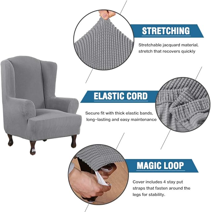 H.VERSAILTEX Wing Chair Slipcover Chair Covers for Wingback Chairs Wingback Chair Covers Slipcovers 1 Piece Stretch Sofa Cover Furniture Protector Soft Spandex Jacquard Checked Pattern, Dove