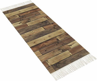 Brown Runner Rug 2X4 Ft Entryway Outdoor Indoor Mat, Washable Woven Vintage Country Wooden Grain Throw Carpet with Tassel, Non-Shedding Farmhouse Cabin Retro Plank Stitching Art Hallway Bath Mats