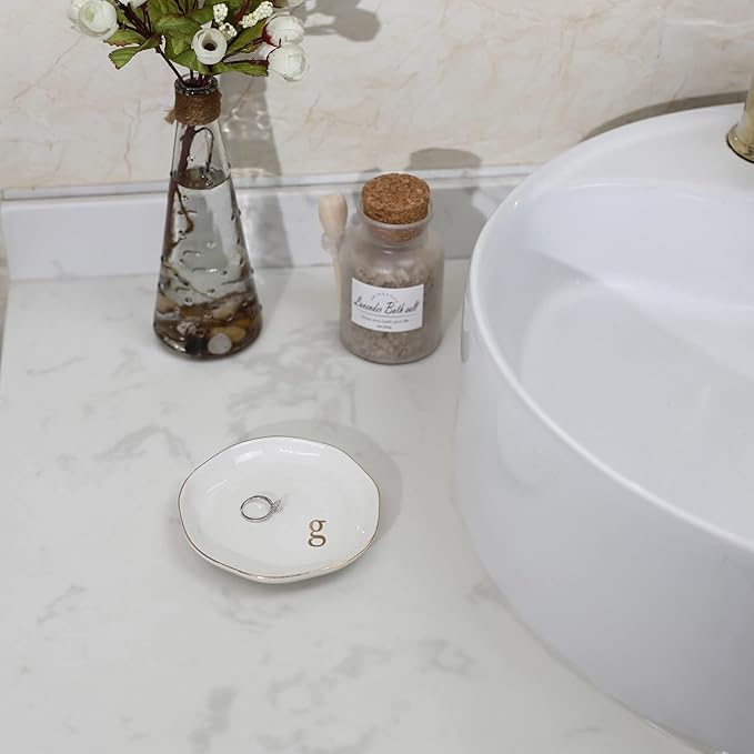 HOME SMILE Initials Ring Dish Jewery Tray with Personalized G-Monogrammed Engagement Wedding Gifts for Friends,Sister,Birthday Christmas Gifts for Women,Ceramic White