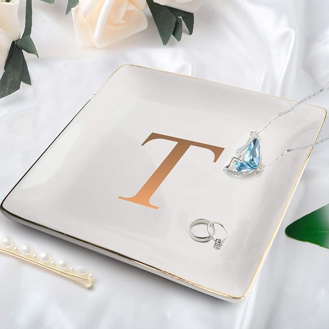 ANOTION Jewelry Tray Ring Dish with Ini-tial Gift- Personalized Trinket Dish and Jewelry Dish with Gold Initials Key Bowl Ceramic Holder, Unique Wedding or Engagement Present