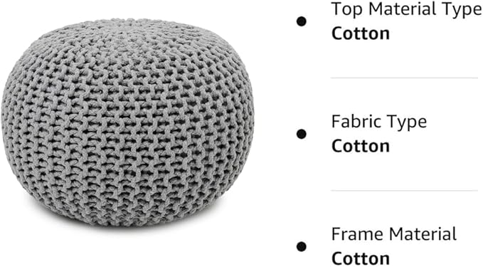 REDEARTH · Round Boho Pouf Ottoman - Cable Knitted Cord Boho Pouffe - Stuffed Poof Accent Beanbag Footrest for Living Room - Nursery - Bedroom - Covered Patio - Study Nook (18”x18”x14”) - Gray-S