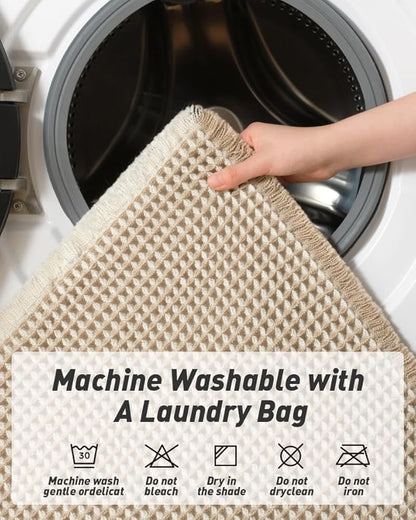 AMOAMI Upgraded Waffle Runner Rug Super Absorbent Non Slip Bath Mats for Bathroom Machine Washable Bathroom Runner Rug with Tassels, Ideal for Hallway Bedroom Laundry Room, 2' x 4', Brown & Cream