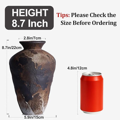 Wabi Sabi Decor Rusty Vintage Vase - 8.7" Tall Rustic Farmhouse Wabi Sabi Vase for Centerpiece, Pottery Stone Flower Vases for Home Decor, Table, Living Room, Bedroom, Bathroom, Kitchen (Smoky Earth)