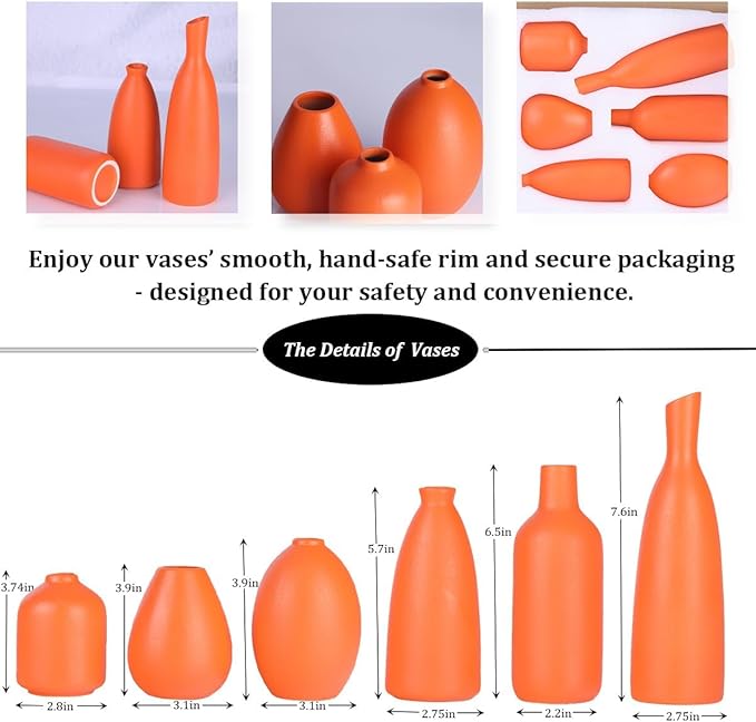 Orange Ceramic Bud Vases Set of 6, Modern Boho Home Décor for Living Room, Shelf, Mantle & Fireplace, 3.7″–7.6″ Matte Minimalist Vases for Kitchen, Bathroom, Office, Small Flower Vases, Gift Ready