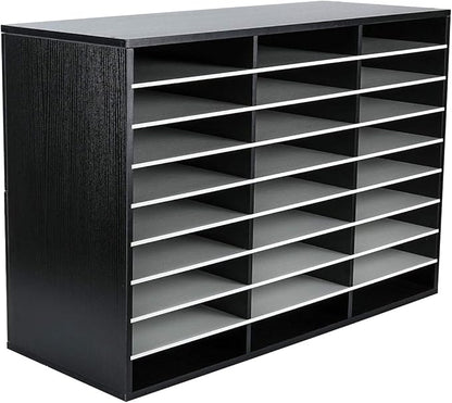 EasyPAG Mail Organizer Countertop, Wood Literature Organizer with Adjustable Shelves, Student Classroom Mailbox for School, Desktop Paper Sorter for Office Home, 27 Compartments, Black/White