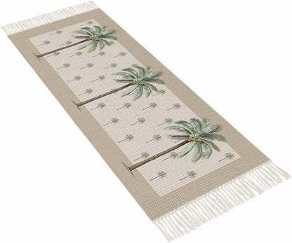 Tropical Palm Tree Runner Rug 2X4 Ft Entryway Outdoor Indoor Mat, Washable Woven Brown Summer Beach Plant Throw Carpet with Tassel, Non-Shedding Farmhouse Retro Green Botanical Hallway Bath Mats