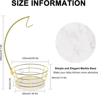 Livabber Countertop Fruit Basket Bowl with Banana Hanger, Modern Standing Fruit Vegetable Bowl Storage, with Banana Tree Holder for Kitchen Dinning Table (Round Marble, Gold)