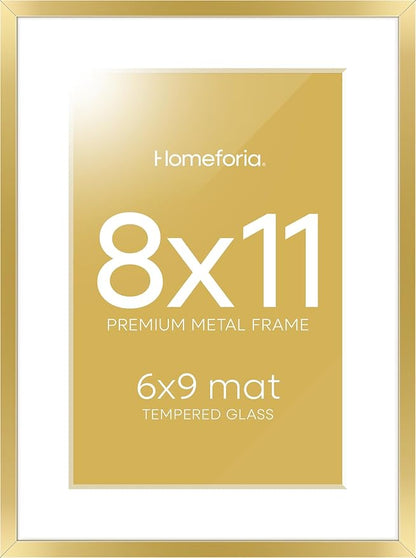 Homeforia 8x11 Picture Frame Gold, High End Metal 8 x 11 Poster Frames with Mat 6 by 9 for Photo, 11x8 Frame Matted to 6x9 inch Print, 8by11 Wall or Tabletop Frames, Tempered Glass, Wall Kit, Set of 1