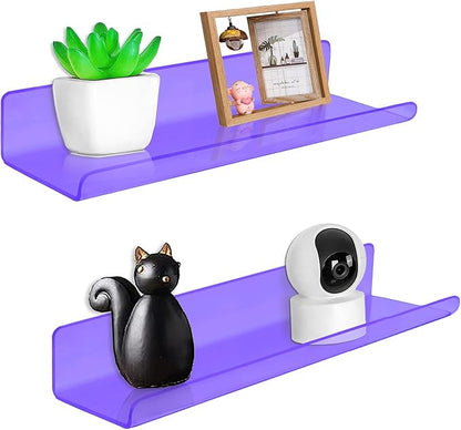 ROYALITA Small Acrylic Shelves Wall Mounted | Set of 2 | 12 Inches | Wall Hanging Plant Display Shelves, Room Decor Floating Wall Shelves for Gaming Room Bedroom, Living Room, Office, Purple