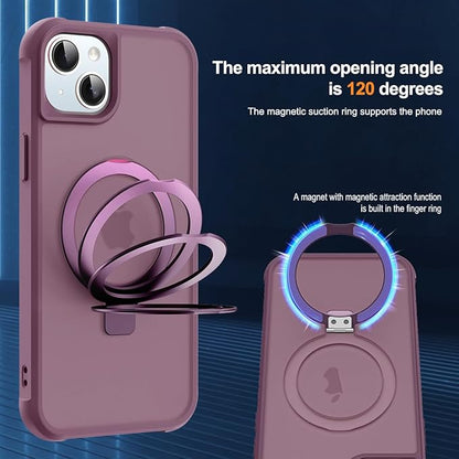 Compatible with iPhone 15 Plus Case with Invisible Magnetic O-Ring Stand Military-Grade Translucent Case for iPhone 15 Plus 6.7" [Compatible with Mag-Safe][Great Grip Feeling], Wine Red
