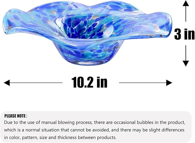 Hand Blown Murano-style Art Glass Bowl, 10.2-Inch Large Decorative Centerpiece for Table, Cobalt Blue Fruit Display & Kitchen Counter Decor