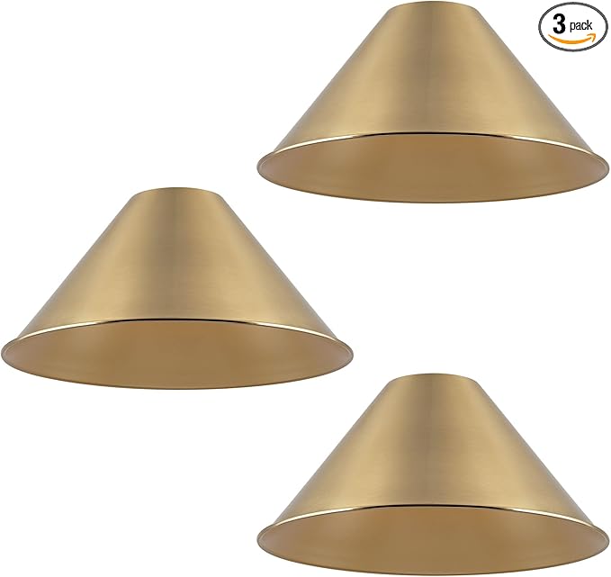 Kira Home 14" Industrial Metal Cone Replacement Shades, 1-5/8" Fitter Opening for Threaded Medium Base Socket, 6.75" x 14.25", Cool Brass Finish, 3-Pack