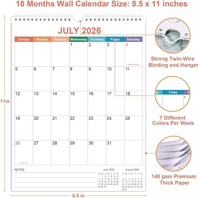 2026 Calendar - Wall Calendar 2026-2027 from January 2026 - June 2027, 18 Months Calendar with Twin-Wire Binding & Hanging Hook, 8.5" x 11", Vertical Calendar, Colorful